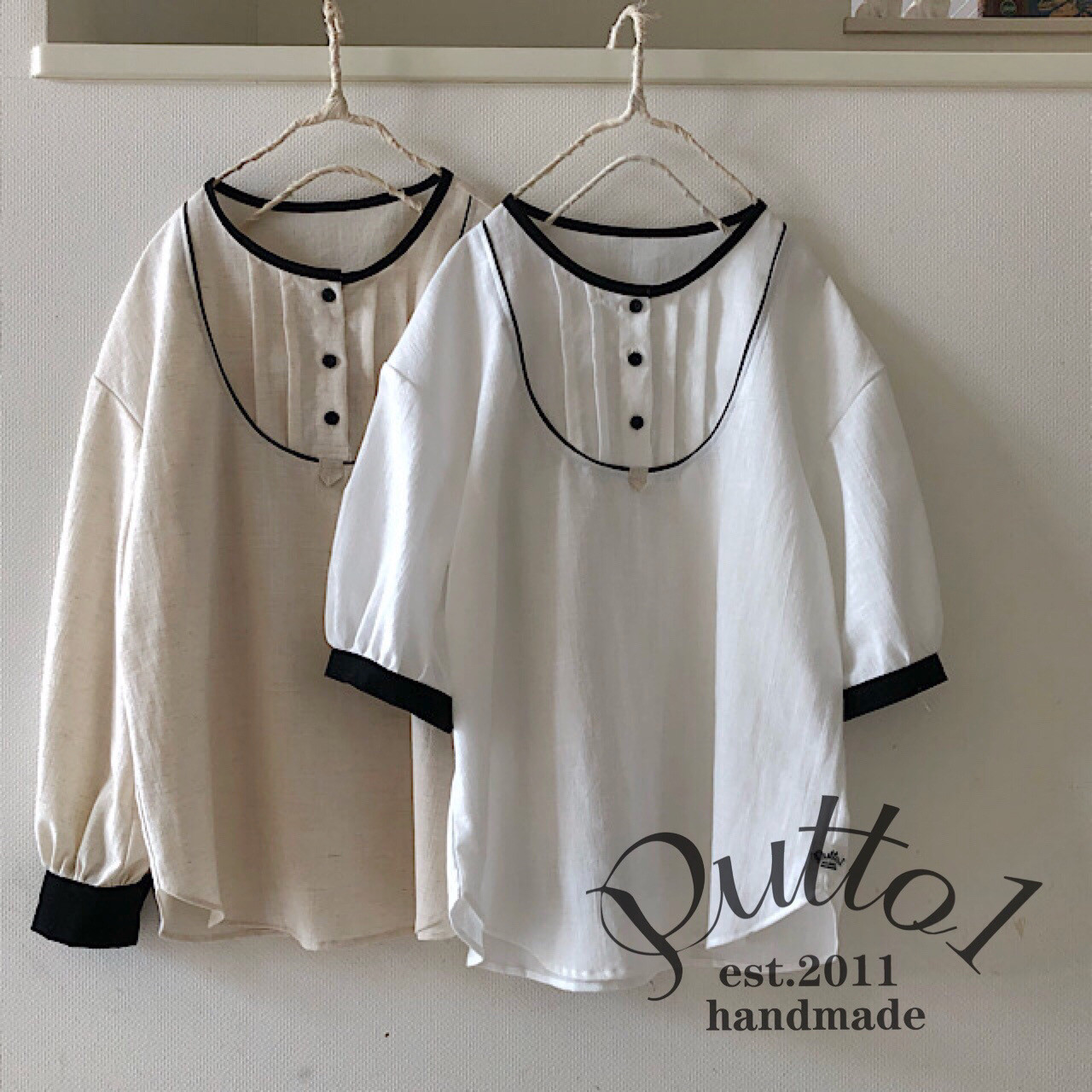 キナリは完売/残り・白の5分袖・1着のみ『受注生産』コットンリネンの丸ヨークブラウス