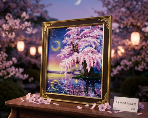 原画】月光に眠る夜桜｜油彩画 桜 幻想的な夜の風景画 ギフト