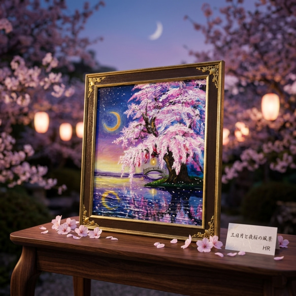 油彩画　「　月と桜　」金箔 原画　額付 原画】月光に眠る夜桜｜油彩画 桜 幻想的な夜の風景画 ギフト