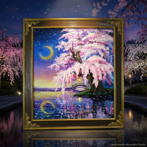 原画】月光に眠る夜桜｜油彩画 桜 幻想的な夜の風景画 ギフト