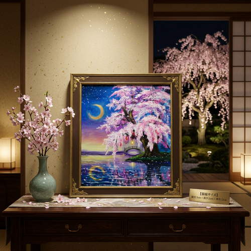 原画】月光に眠る夜桜｜油彩画 桜 幻想的な夜の風景画 ギフト
