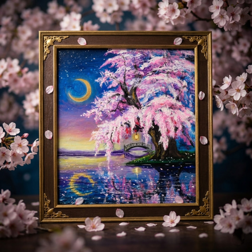 油絵 油彩 絵 絵画 【桜のライトアップ】 】 油絵 絵画 【夜桜の三日月】 【公式通販】