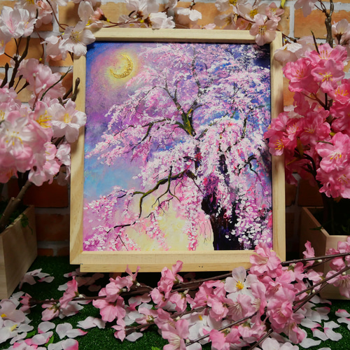 油絵 絵画 【三日月の桜】 絵画 HR 通販 15413133|Creema 油絵 絵画 【三日月の桜】 絵画 HR 通販 15413133|Creema