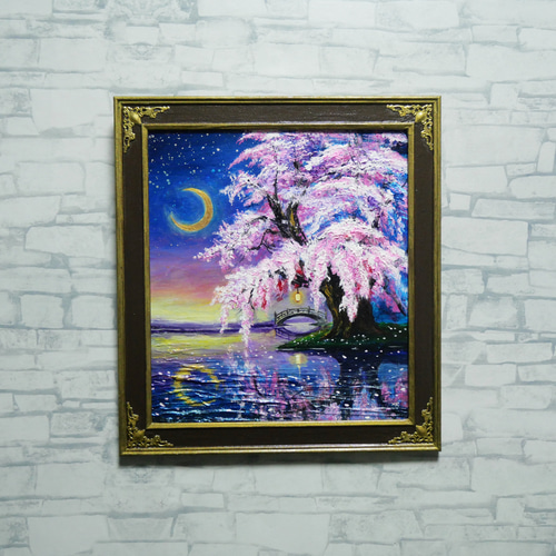 原画】月光に眠る夜桜｜油彩画 桜 幻想的な夜の風景画 ギフト