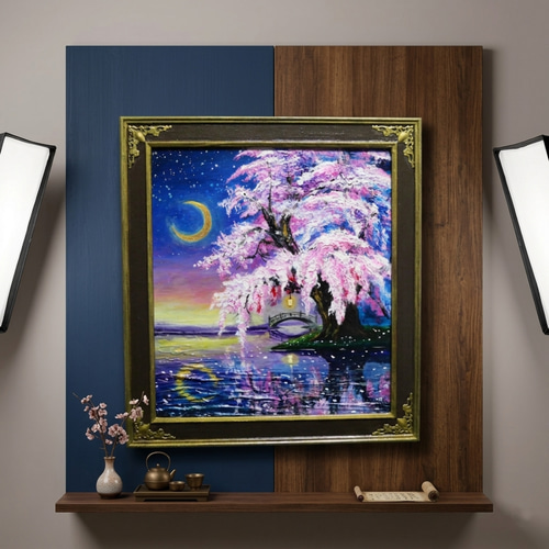 油絵★里の風景画★額縁付き 原画】月光に眠る夜桜｜油彩画 桜 幻想的な夜の風景画 ギフト