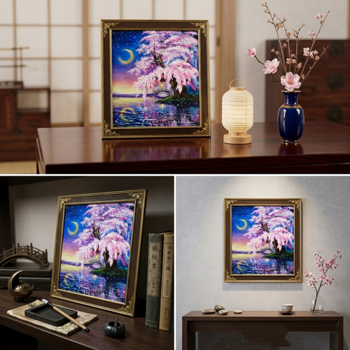 原画】月光に眠る夜桜｜油彩画 桜 幻想的な夜の風景画 ギフト