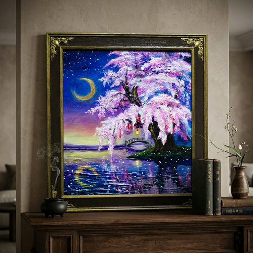 原画】月光に眠る夜桜｜油彩画 桜 幻想的な夜の風景画 ギフト