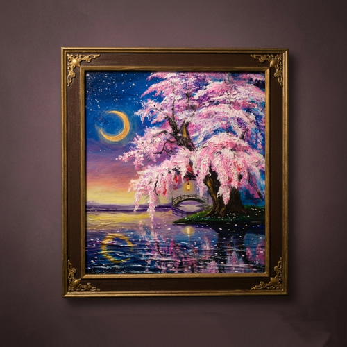 yue　「桜と寺」　手描き　油絵　風景画　原画　油彩画　印象派 原画】月光に眠る夜桜｜油彩画 桜 幻想的な夜の風景画 ギフト