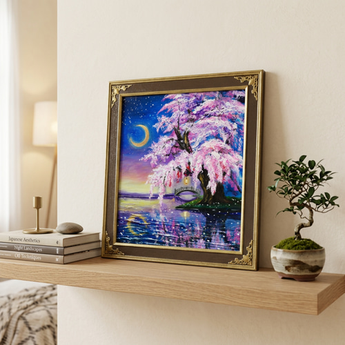 原画】月光に眠る夜桜｜油彩画 桜 幻想的な夜の風景画 ギフト