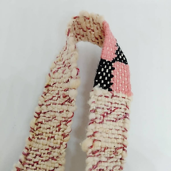 手織り ネックストラップ ガラ紡糸 双糸（ネームホルダー付き）市松模様 手紡ぎ糸 3枚目の画像