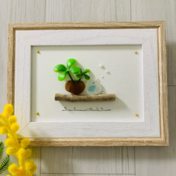 シーグラスアート シマエナガ 四葉のクローバー インテリア雑貨