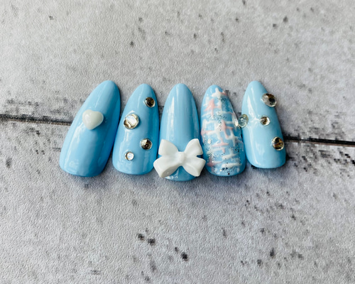 ネイル　ネイルチップ　ブルー　水色　かわいい Simple Blue♡ネイルチップ♡水色シンプルストーン ネイルチップ