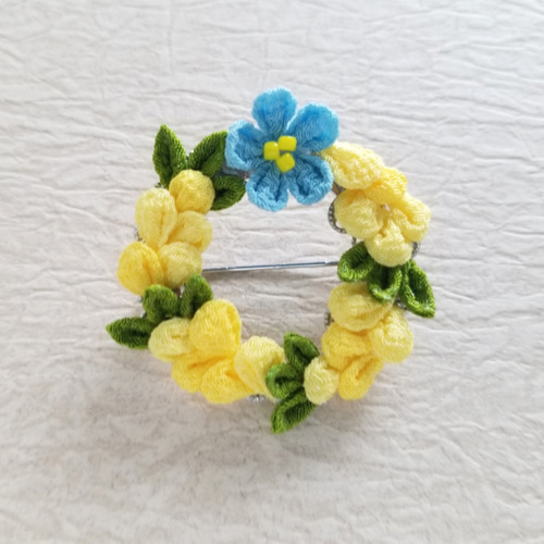 ブローチ コサージュ ミモザと忘れな草 つまみ細工 卒業式 入学式