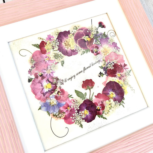 押し花額 『リース風』（ハンドメイド） 送料無料】ミモザリース押し花額＊ロココ風ホワイトフレーム