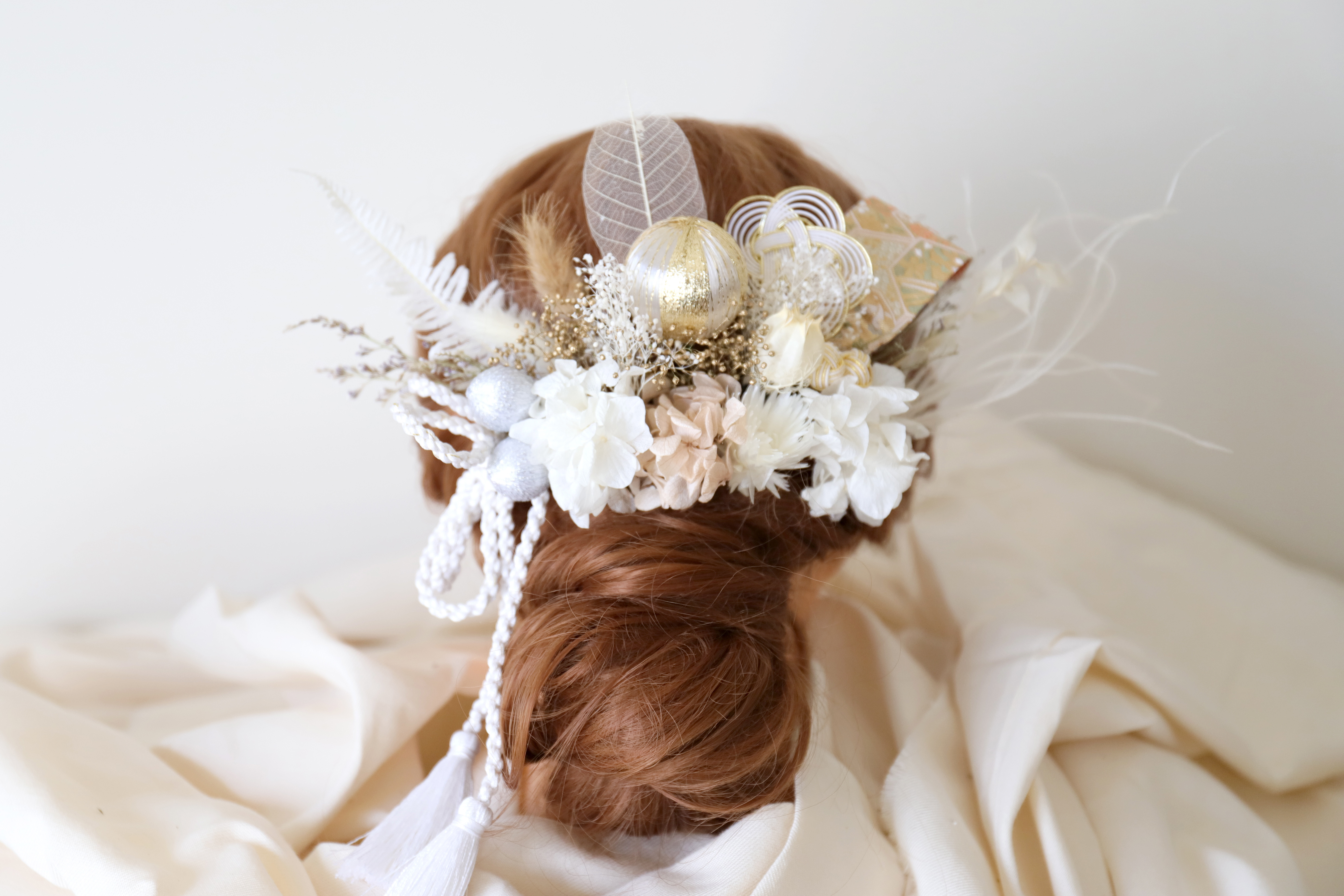 ◆Lサイズ◆ ボタニカルヘッドドレス（ホワイトベージュ)  【ウェディング・成人式・卒業式・結納】  #940