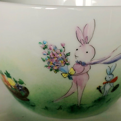 たっぷり入るスープカップ・エナメル絵付けのウサギとパンダと蛙と・・ 5枚目の画像