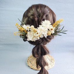 ホワイト小花×イエロー　ミモザ　ナチュラル　髪飾り　ヘア飾り　ウェディング　成人式　和装　卒業式 3枚目の画像