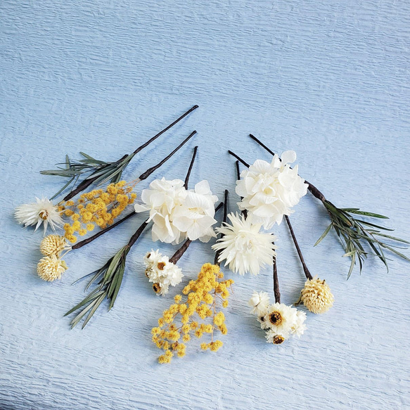 ホワイト小花×イエロー　ミモザ　ナチュラル　髪飾り　ヘア飾り　ウェディング　成人式　和装　卒業式 2枚目の画像