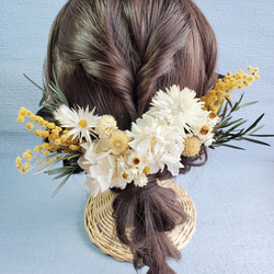 ホワイト小花×イエロー　ミモザ　ナチュラル　髪飾り　ヘア飾り　ウェディング　成人式　和装　卒業式 6枚目の画像