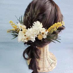 ホワイト小花×イエロー　ミモザ　ナチュラル　髪飾り　ヘア飾り　ウェディング　成人式　和装　卒業式 5枚目の画像