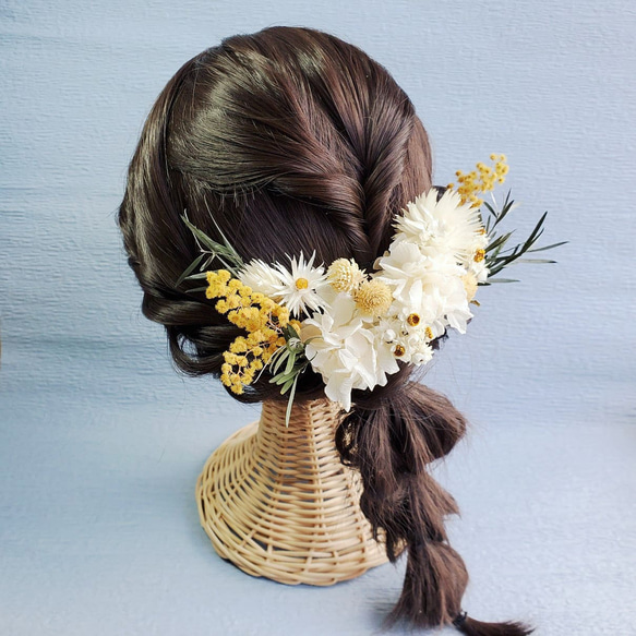 ホワイト小花×イエロー　ミモザ　ナチュラル　髪飾り　ヘア飾り　ウェディング　成人式　和装　卒業式 4枚目の画像