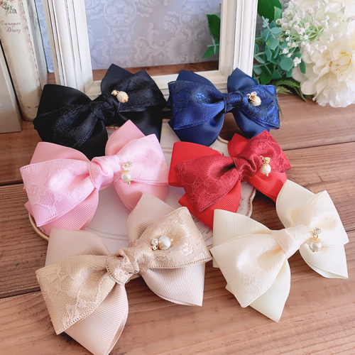 white×pearl♡simpleトリプルリボンのヘアゴム レース トリプルリボン アンティークホワイト パール付き フォーマル