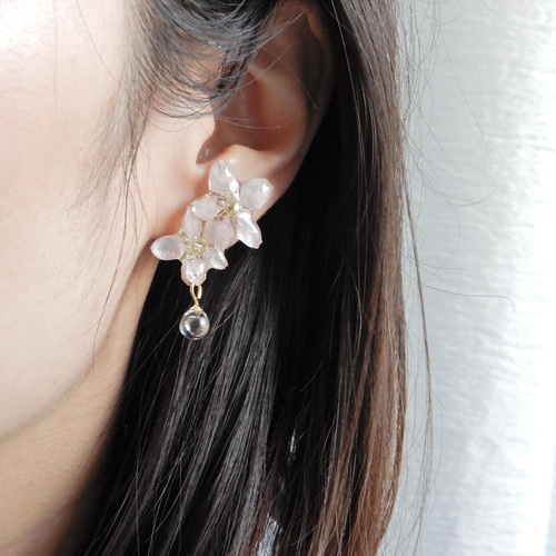 ☆❤️ 雫　花　ワイヤー　桜　しずく　ジルコニア　ピアス　イヤリング　ハンドメイド ☆❤️ 雫花ワイヤー桜しずくジルコニアピアスイヤリング
