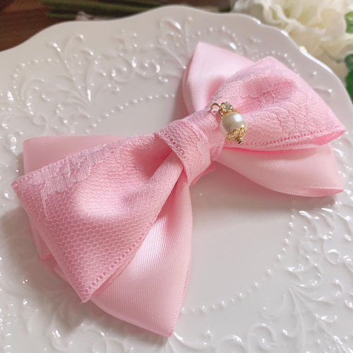 レース トリプルリボン ピンク パール付き フォーマルリボン 卒業式