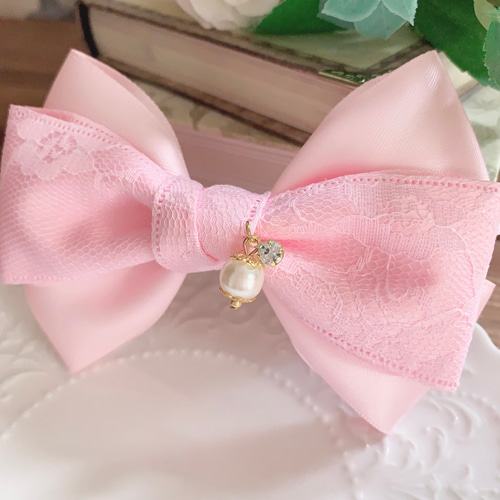 レース トリプルリボン ピンク パール付き フォーマルリボン 卒業式