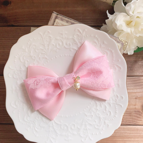 レース トリプルリボン ピンク パール付き フォーマルリボン 卒業式