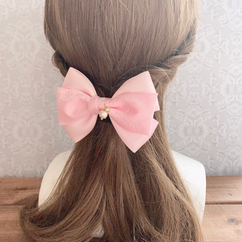 レース トリプルリボン ピンク パール付き フォーマルリボン 卒業式