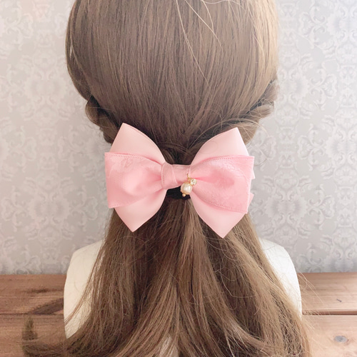 レース トリプルリボン ピンク パール付き フォーマルリボン 卒業式