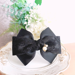 レース トリプルリボン 黒 ブラック パール付き フォーマルリボン 卒業