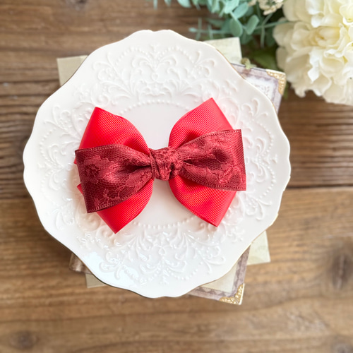 Ruciano 赤いリボン付きフレアドレス9号肩リボン レース トリプルリボン 赤 レッド パール付き フォーマルリボン