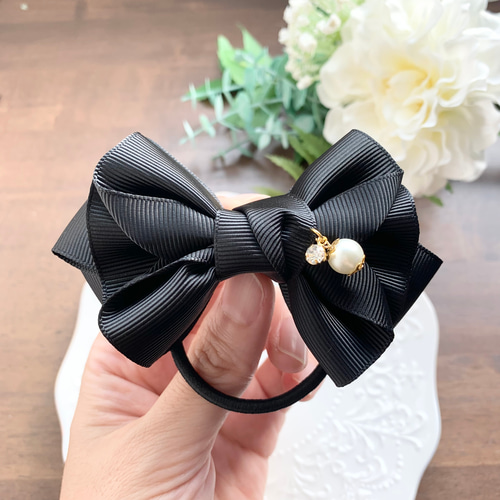ブロッサムリボン 黒 ブラック パール フォーマル リボン ヘア