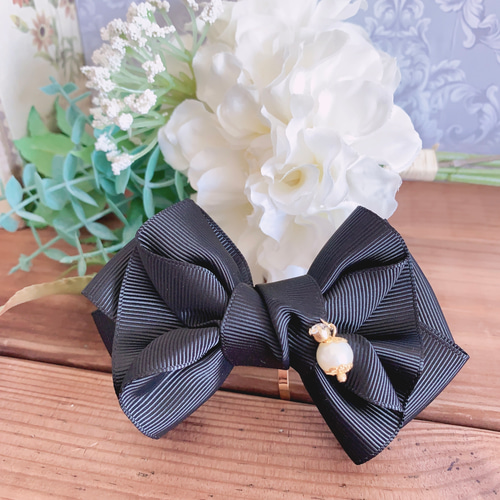 ブロッサムリボン 黒 ブラック パール フォーマル リボン ヘア