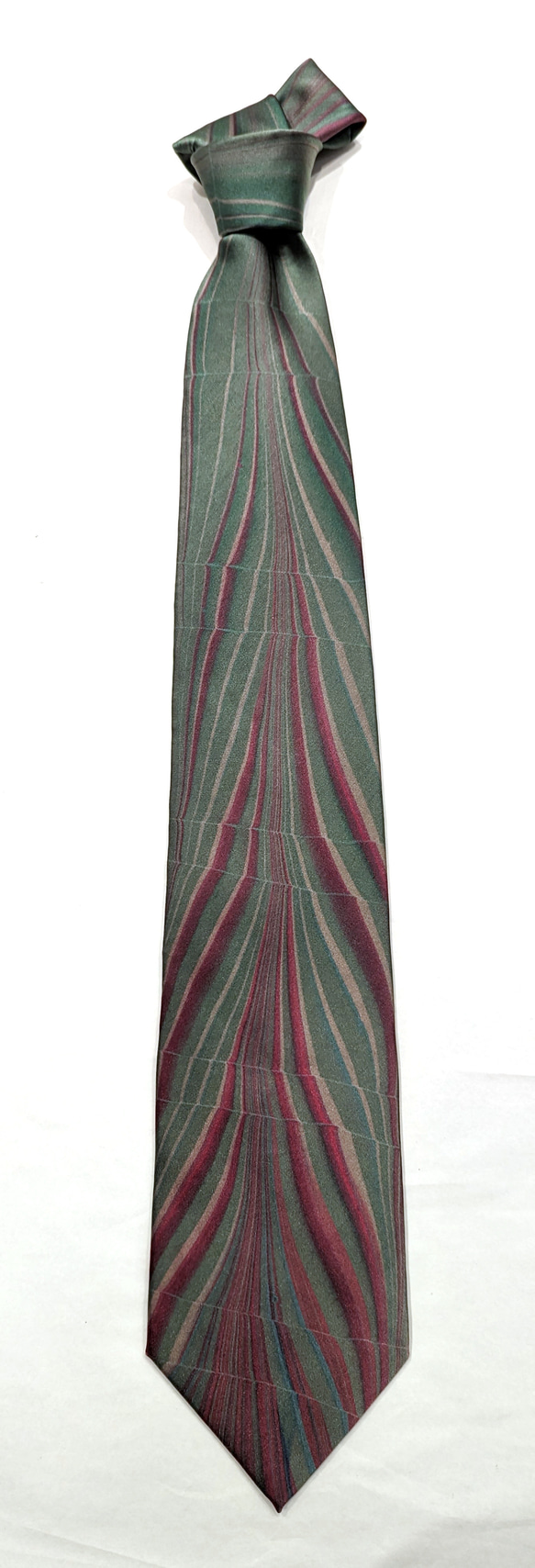 【一点物】墨流し染ネクタイ　ワイン緑線柄-NN15 2枚目の画像