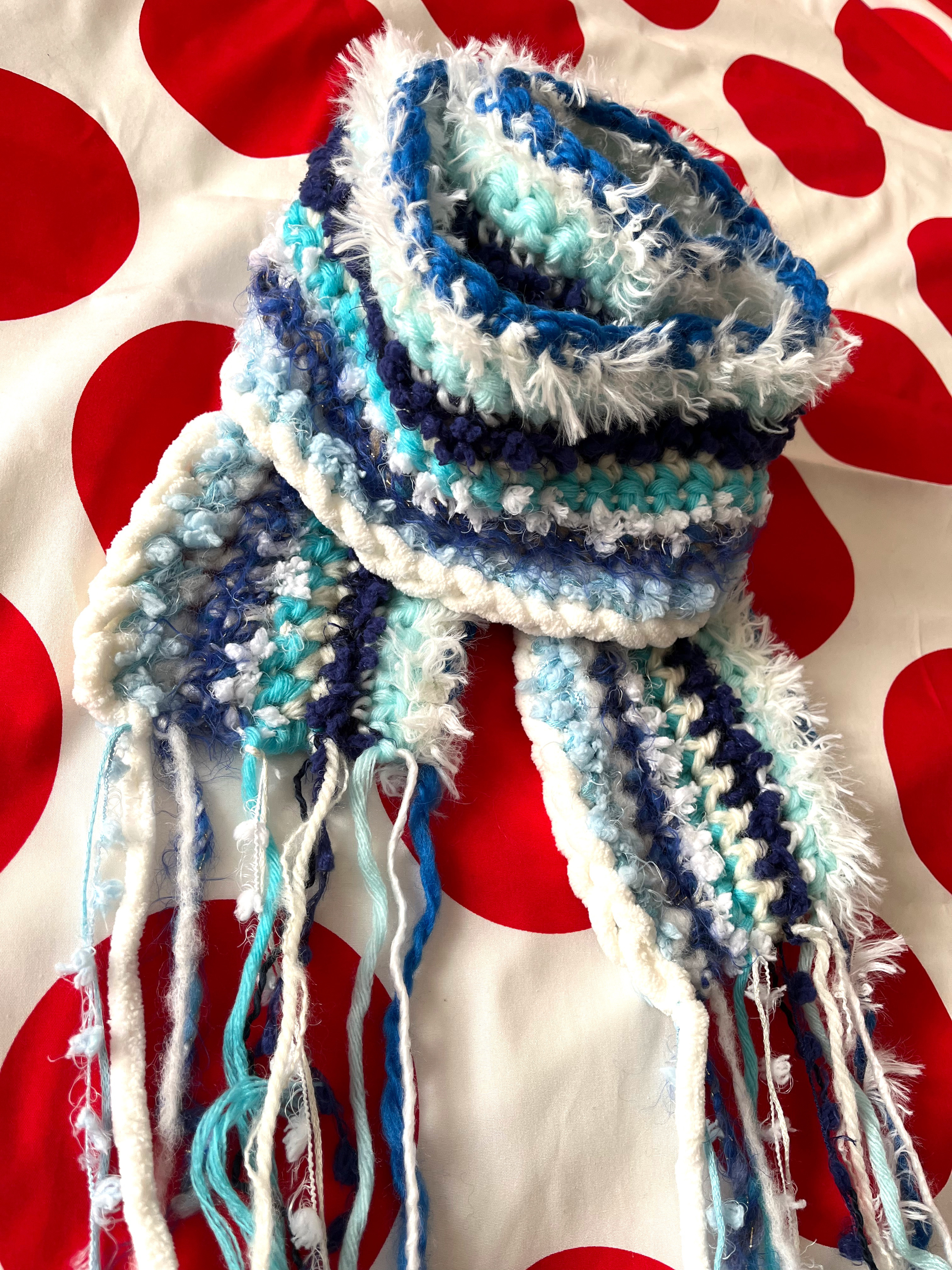 マフラー　青×白マフラー　手編み　ユニセックス