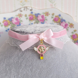 蕾絲 粉紅色絲絨 魔法棒 蝴蝶結   蕾絲 項鍊 Choker necklace 第1張的照片