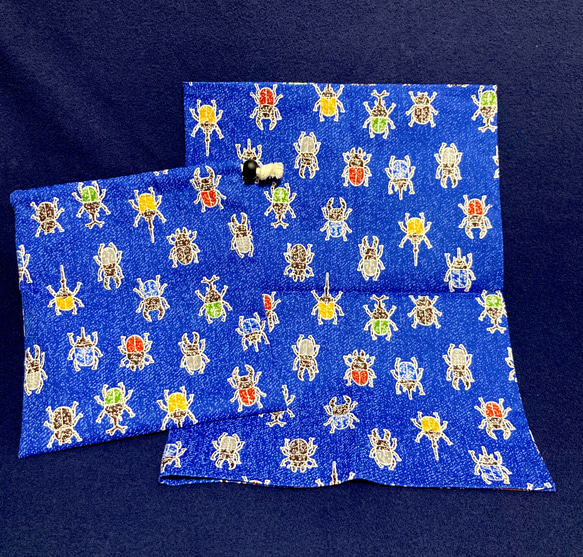 給食袋　巾着　二枚仕立て　ランチョンマット　ナフキン　40✖️60 大きいサイズ　男の子　昆虫　虫　クワガタ　青 4枚目の画像