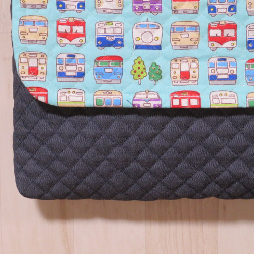 ショルダー型図書袋☆かわいい電車図鑑☆ミントブルー×紺デニムキルト
