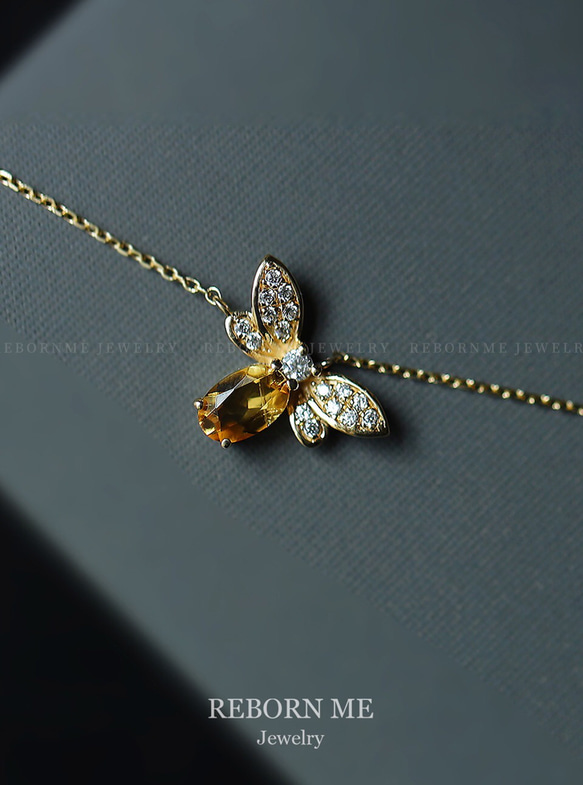 Little Bee 天然シトリン 蜂 K9 ゴールド ジルコニア キラキラ ラグジュアリー ネックレス レトロ 黄水晶 14枚目の画像