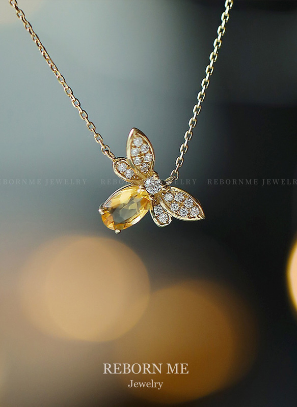 Little Bee 天然シトリン 蜂 K9 ゴールド ジルコニア キラキラ ラグジュアリー ネックレス レトロ 黄水晶 12枚目の画像