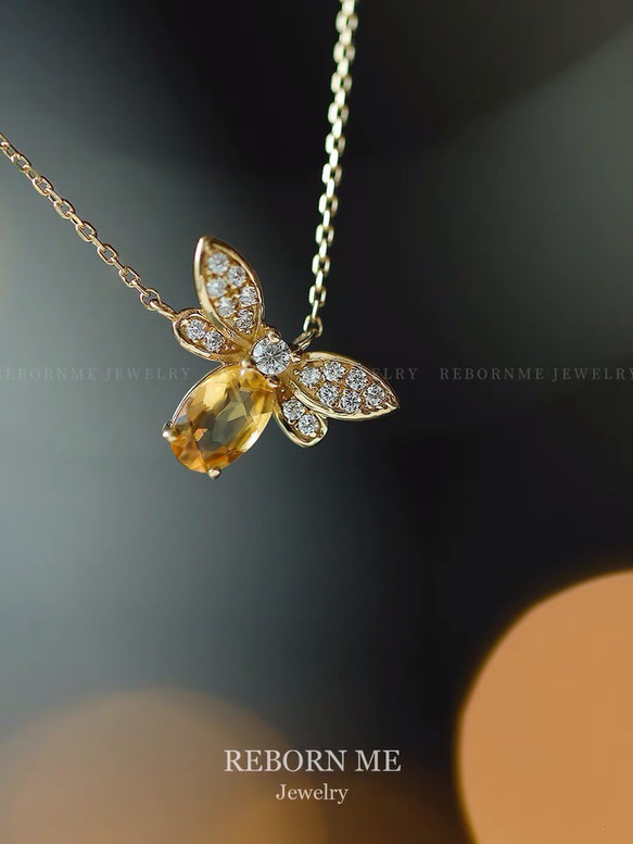 Little Bee 天然シトリン 蜂 K9 ゴールド ジルコニア キラキラ ラグジュアリー ネックレス レトロ 黄水晶 6枚目の画像