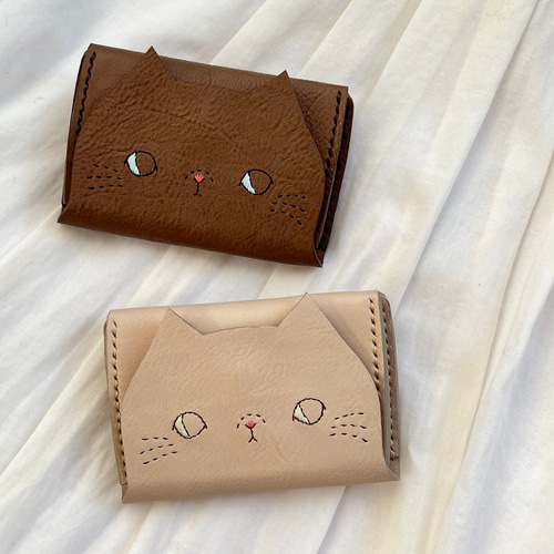 受注制作】ねこのお顔 名刺入れ（カードケース）ライトベージュ猫