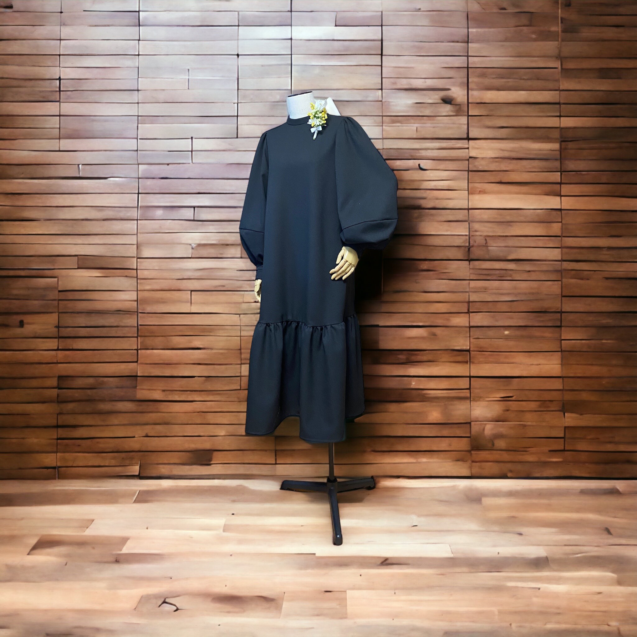 大人のlongバルーンスリーブワンピース。結婚式、フォーマル、お呼ばれ、法事、冠婚葬祭、七五三