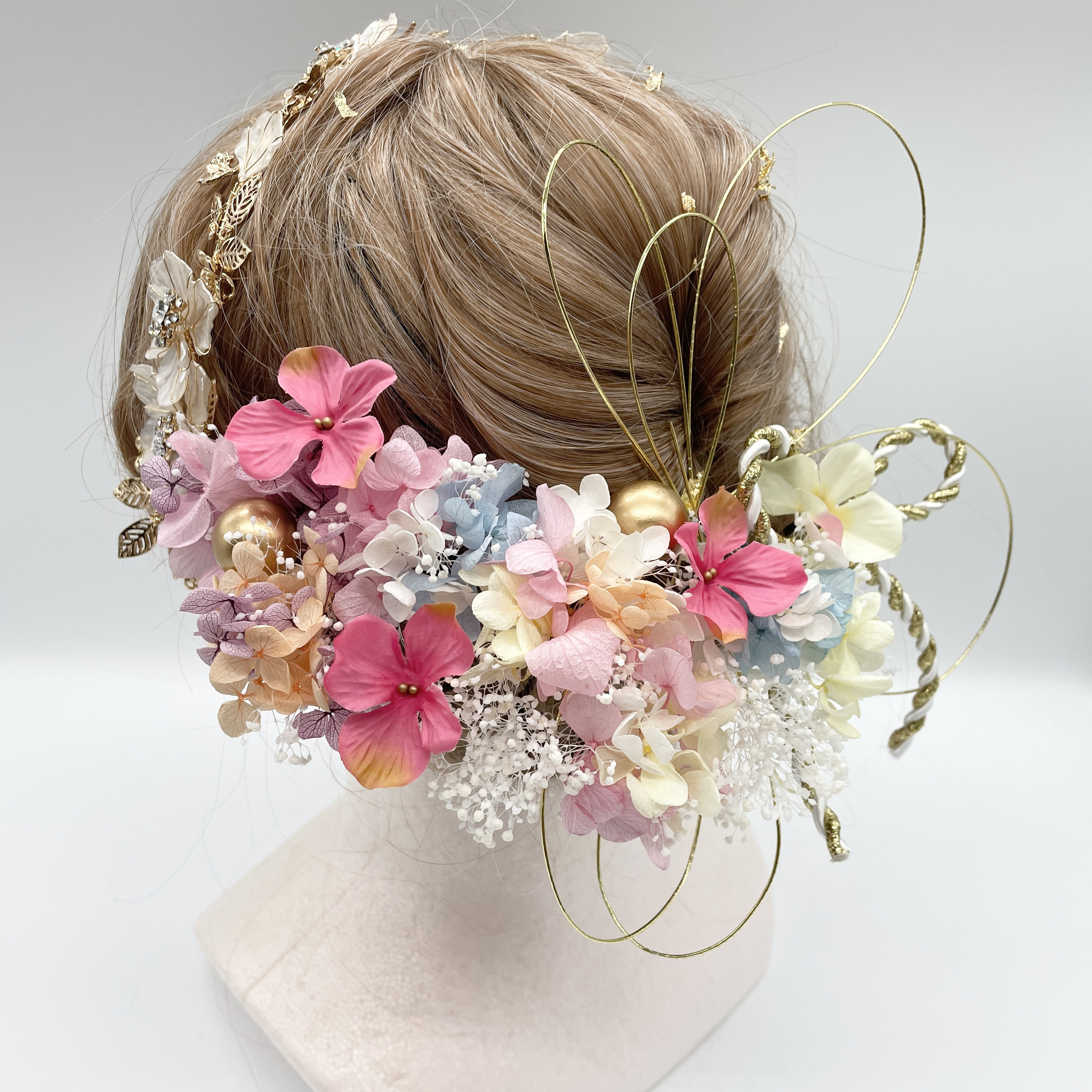 水引×金箔×紐×小枝カチューシャ　パステルカラー