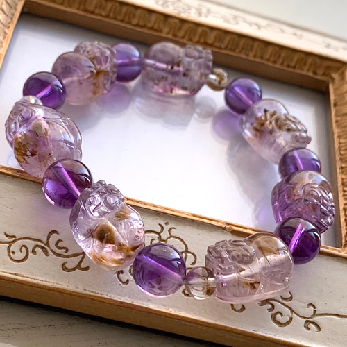 カコクセナイトインアメジストの貔貅とアメジストのブレスレット