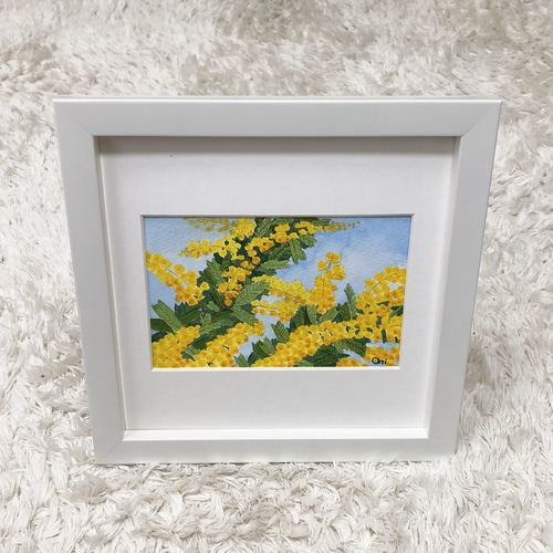 ミモザ」透明水彩画 額縁付 原画 風景画 ハガキサイズ 絵画 Oni ミモザ」透明水彩画 額縁付 原画 風景画 ハガキサイズ 絵画 Oni
