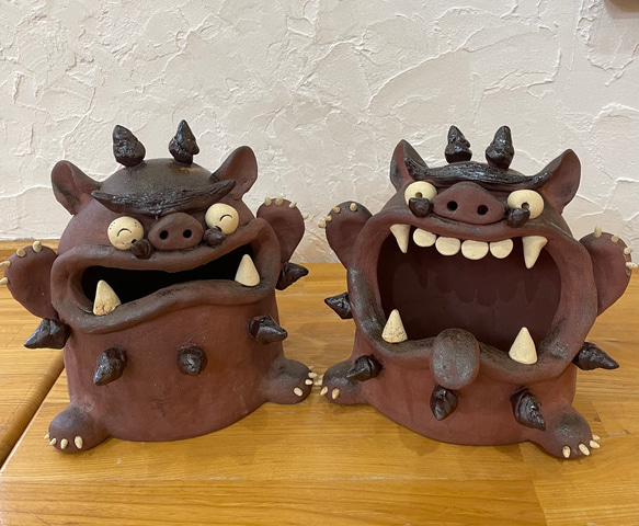 【受注制作】特大シーサーの置き物（ペア）　陶器　笑う門には福来る！　置物　玄関 受注制作